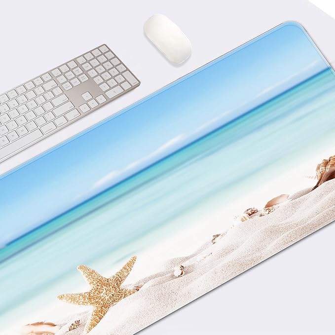 Britimes Summer Beach Sea Shells Large Mouse Pad Non-Slip Starfish Shore Sun Desk Pad Keyboard and Mouse Desk Mat Gaming Mousepad for Game, Office & Home, 31.5 x 15.7 in