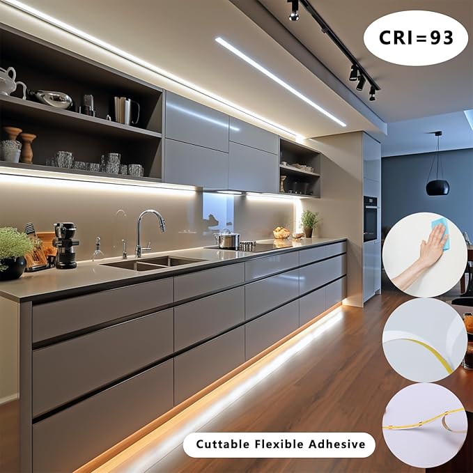 BENLUN 12V COB LED Under Cabinet Strip Lighting Kit 32.8ft, 4000K Natural White Cuttable LED Tape Lights 8W/M CRI 93 320LEDs/M with Dimmer and Power Supply for Kitchen Bookcase Shelf Display