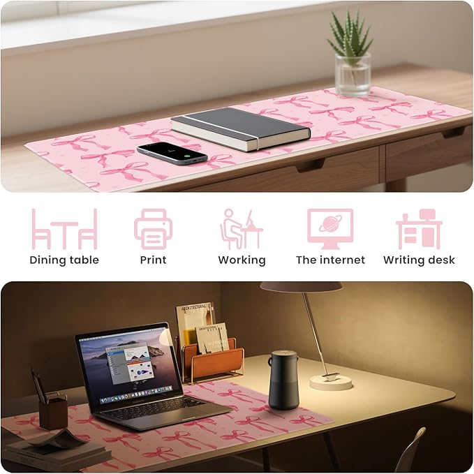 Pink Mouse Pad, Pink Desk Mat Bows Laptop Pad Computer Mat, Gaming Keyboard and Mouse Pad Non-Slip Rubber Base, Stitched Edge, Cute Desk Accessories Girly Decor Office Supplies for Women 23.6" x 11.8"