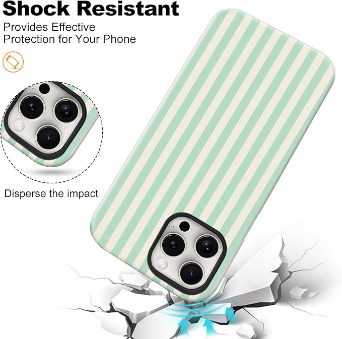 Magnetic for iPhone 15 Pro Max Case Cute Stripes Phone Case, Shockproof Slim TPU and Hard PC Protective Phone Cover Compatible with MagSafe Designed for Women Girls, Light Green