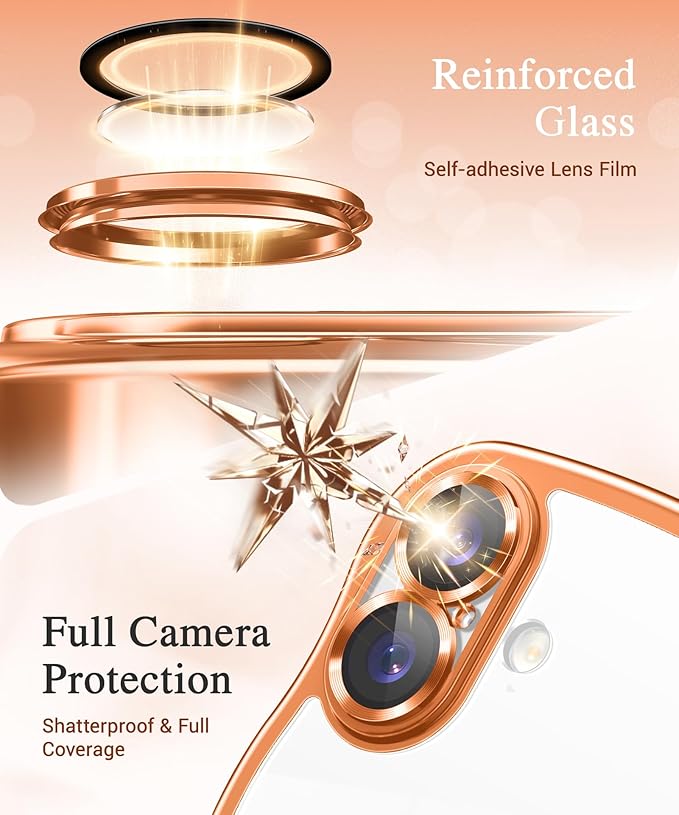 GVIEWIN for iPhone 17 Case Compatible with MagSafe, Upgraded [Full Camera Protection][Cute Wave Frame][Military Grade Protection] Electroplated Hard Phone Cover for Women Girl, Clear/Orange