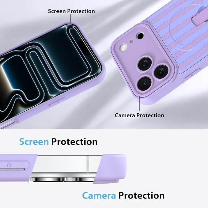 KANGHAR Compatible with iPhone 17 Pro Case, Support for MagSafe, Silicone Stripes Cute Pattern, Wristband Kickstand Camera Protection Soft Slim Cover for Girls Women -Purple