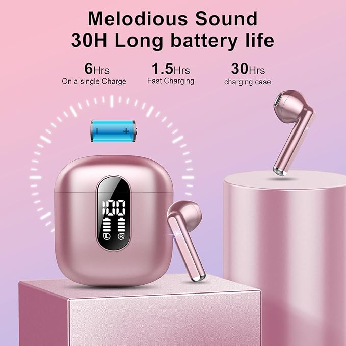 Wireless Earbuds, Bluetooth 5.4 Headphones HiFi Stereo, Bluetooth Earbuds with ENC Noise Cancelling Mic, 36H LED Display Ear Buds, IPX7 in Ear Earphones for Phone Tablet Laptop Sports, Rose Gold