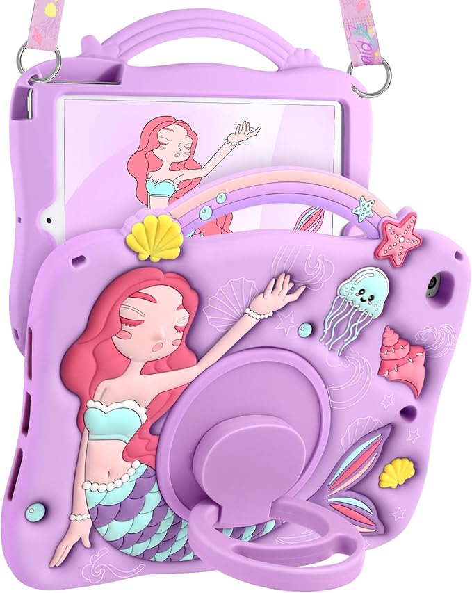 Boaretiu for iPad mini 4 Case/Mini 5th Generation Case - Cute Cartoon Mermaids Girls Teens Soft 3D Silicone for iPad 7.9 Inch Tablet Cover with Strap & Rotating Stand