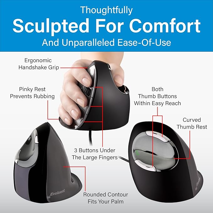 Evoluent – Inventor of The Vertical Mouse – VMDM Ergonomic Vertical Mouse Right Hand Medium Wired USB, Sculpted for Comfort, Reduces Wrist Strain, 4 Speeds, 6 Customizable Buttons in Windows