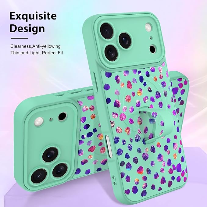 KANGHAR Compatible with iPhone 17 Pro Case, Support for MagSafe, Silicone Cute Iridescent Pattern Leopard Print Cheetah, Wristband Kickstand Shockproof Soft Slim Cover for Girls Women, Green