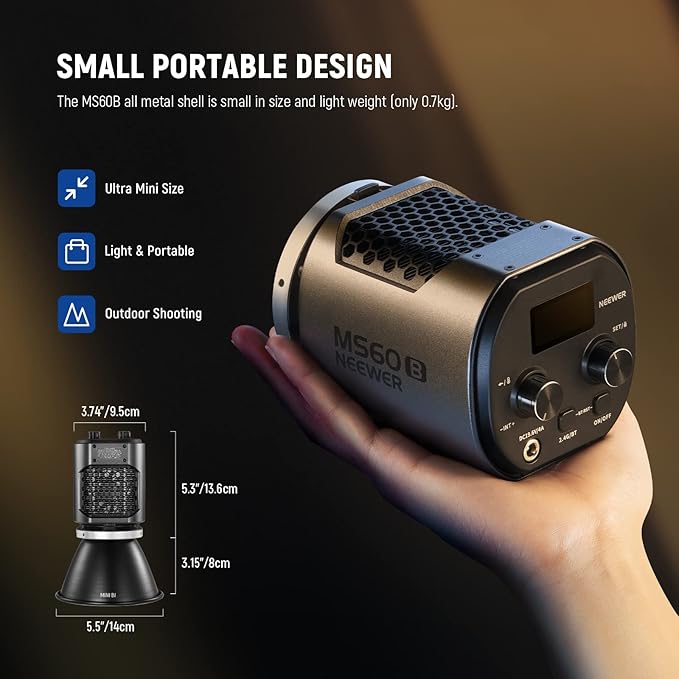 NEEWER MS60B LED Video Light 2.4G/APP Control, 65W Metal Mini Compact COB Continuous Output Lighting Spotlight 2700K-6500K, 40000lux@1m, CRI 97+/TLCI 98+, 12 Effects, PWM Dimming, Bowens Mount, Silver