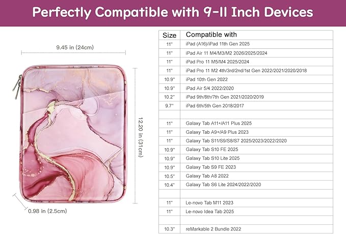 Dadanism 9-11 Inch Tablet Sleeve Bag Carrying Case for iPad 9/8/7th Gen 10.2, iPad Air 11" 2024, iPad Pro 11 M4 M2 2024, iPad Air 5/4 10.9, iPad 10th Gen 10.9, Galaxy Tab A9+/S9 FE/A8, Cloudy Pink