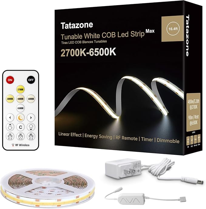 Tatazone 6.56ft Tunable White COB Led Strip Light with RF Remote, CRI93+ Dimmable CCT 2700K-6500K COB Led Tape Lights, Adhesive High Density Dual Color Led Light Strip for Bedroom, Kitchen, Cabinet