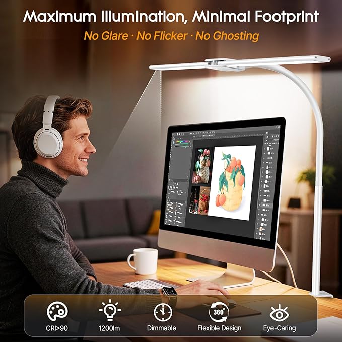 Syrinx LED Desk Lamp, Dual Head Desk Light with Clamp, 50 Lighting Modes Eye-Caring Table Lamp, Flexible Gooseneck Task Light with Motion Sensor, Wired Control, Timer & Memory Function for Home Office