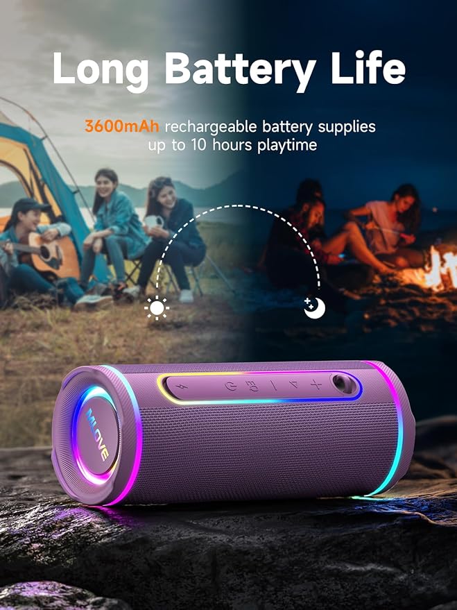 MLOVE E80 Speakers Bluetooth Wireless, Portable Bluetooth Speaker with Aux Input, Micro SD Card Slot, Bass Boost, Dual Pairing, Lights, IPX7 Waterproof, BT5.4 for Outdoor, Travel, Car, TV, 30W, Purple