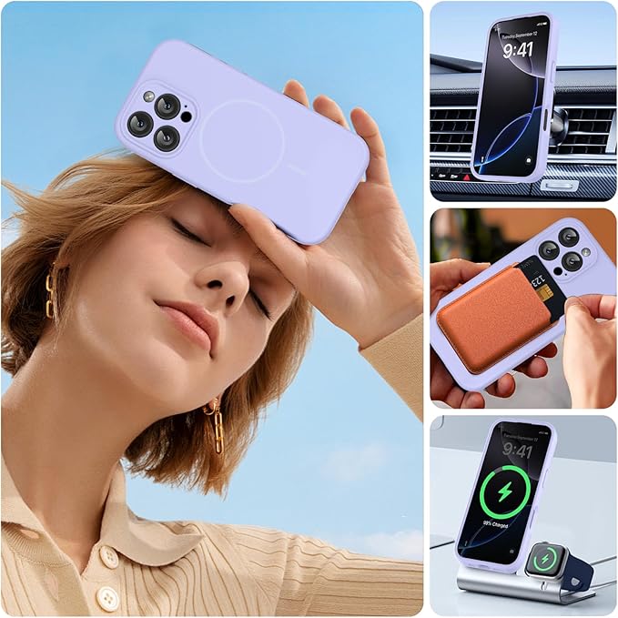 Miracase Magnetic for iPhone 16 Pro Case, [Soft Anti-Scratch Microfiber Lining], Compatible with MagSafe, Liquid Silicone Case Shockproof Drop Protection Phone Case for 16 Pro,Light Purple