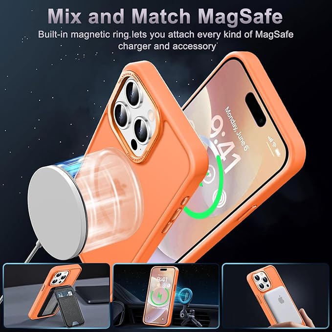 Newfuture Magnetic for iPhone 15 Pro Case [Compatible with Magsafe] [Military Grade Drop Protection] Translucent Matte Anti-Fingerprint Shockproof Phone Case for iPhone 15 Pro 6.1 inch, Orange