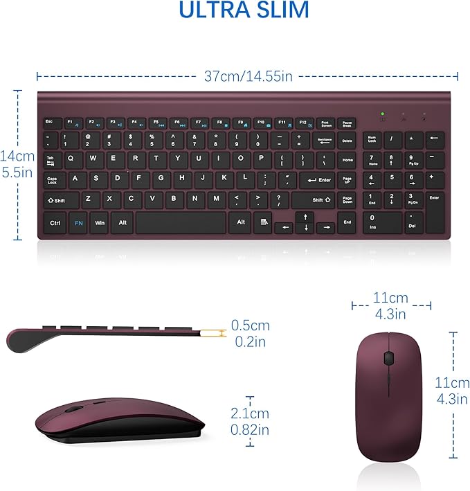 Wireless Keyboard and Mouse Ultra Slim Combo, TopMate 2.4G Silent Compact USB 2400DPI Mouse and Scissor Switch Keyboard Set with Cover, Batteries Included, for PC/Laptop/Windows/Mac - Wine Black