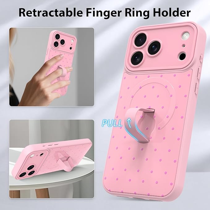 KANGHAR Compatible with iPhone 17 Pro Max Case, Support for MagSafe, Silicone Spot Cute Pattern, Wristband Kickstand Camera Protection Shockproof Soft Slim Cover for Girls Women, Pink