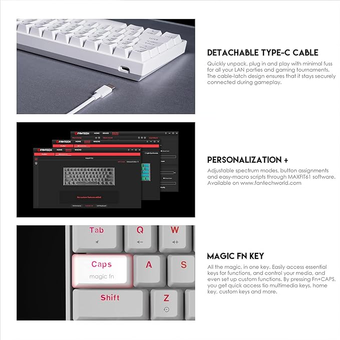 FANTECH MAXFIT61 RGB Wired 60% Mechanical Keyboard, 61 Keys Hot Swappable Type-C Programmable Gaming Keyboard, Blue Switch, White