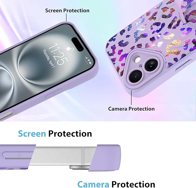 KANGHAR Compatible with iPhone 16 Case, Support for MagSafe, Silicone Cute Iridescent Leopard Cheetah Pattern, Wristband Kickstand Shockproof Protective Slim Cover for Women Girls, Purple