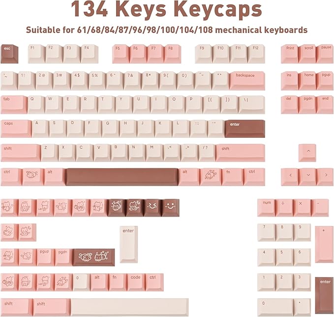Marshmallow Theme PBT Keycaps 134 Keys - Five-Sided Dye-Sublimation Cherry Profile Keycap, Custom Cute Cat keycaps for Cherry MX Mechanical Keyboards 60% 75% 100% (Pink)