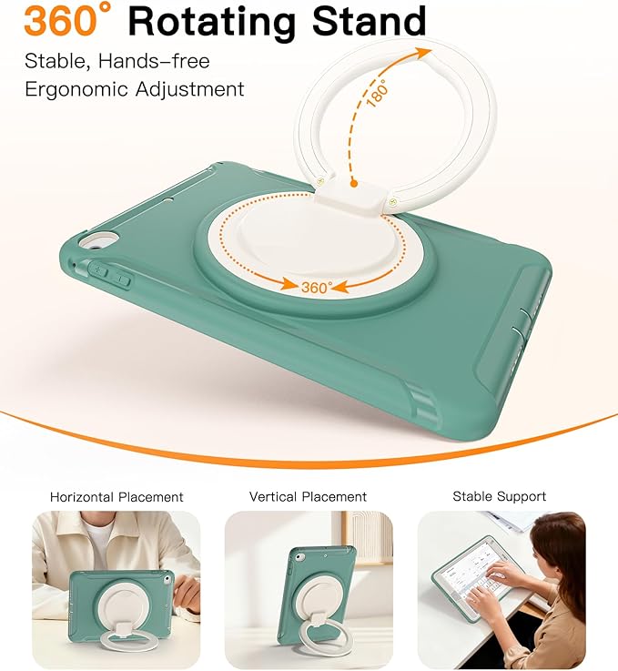 BATYUE Shockproof Case for iPad mini 4/5 (2015/2019) - 360° Multi-Angle Stand (Portrait & Landscape) & Grip, Pencil Holder (Elastic Loop), Multi-Scene for All Ages, Jade Green