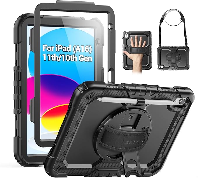 SEYMAC Case for iPad (A16) 11th/10th Generation 2025/2022 (11″/10.9″), Sturdy Heavy Duty Full-Body Shockproof Protective Case with Screen Protector, Rotating Stand, Hand/Shoulder Strap, Black