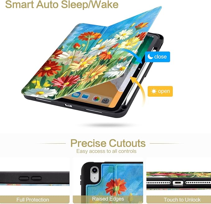 Lokigo New for iPad (A16) 11th Generation Case 11 Inch 2025, iPad 10th Generation Case 10.9 inch 2022 with Pencil Holder, Support Touch ID, Oil Painting Daisy