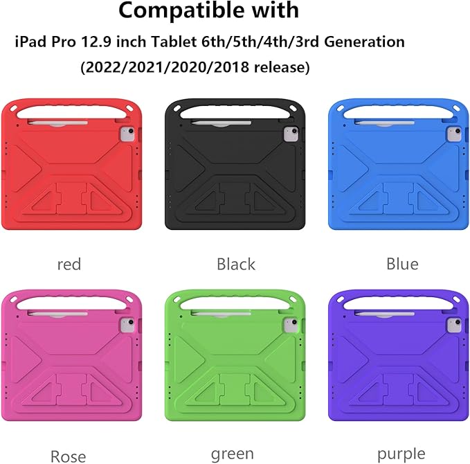 Kids Case for iPad Pro 12.9 inch Cover 6th/5th/4th/3rd Gen (2022/2021/2020/2018) with Kickstand/Handle/Stylus Pencil Holder Soft EVA Heavy Duty Shockproof Flip Stand Girl Boy Cover, Blue
