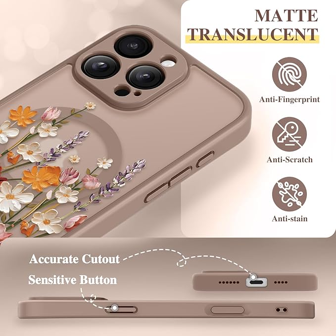 GVIEWIN for iPhone 16 Pro Case Compatible with MagSafe, [Military Grade Protection] [Screen Protector] Full Camera Protection Floral Translucent Women Magnetic Phone Case, Primrose/Brown