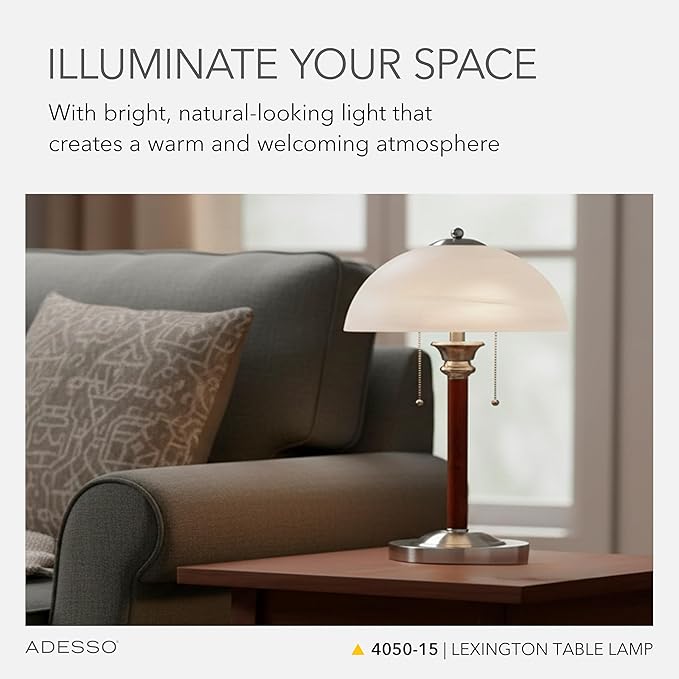 Adesso Table Lamp with Dual Pull Chains, Walnut Rubberwood Finish, Frosted Glass Shade – Bedside Table, Home Office Lighting, or Living Room Decor, 22.5” x 13.5”