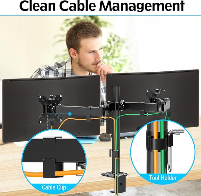 Dual Monitor Mount, Hold Two Screens up to 32", 17.6 lbs Each, Fully Adjustable Arms with C-Clamp and Grommet Base, Double Monitor Stand