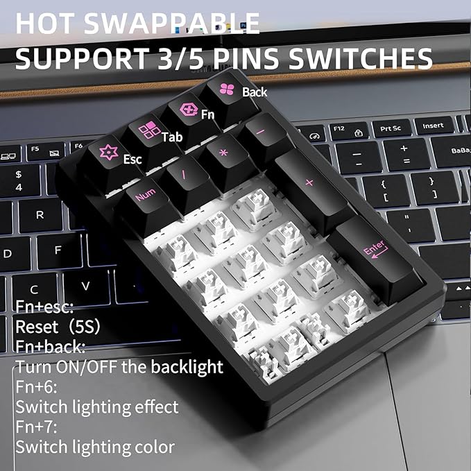 BOYI TD21 Hot Swap Numpad,21 Keys Mini Numpad Portable Keypad Bluetooth5.0/2.4G/Wired Number Pad Keyboard PBT Keycaps RGB Backlit Type-C Mini Keyboard (Cool Black Cherry Keycaps)