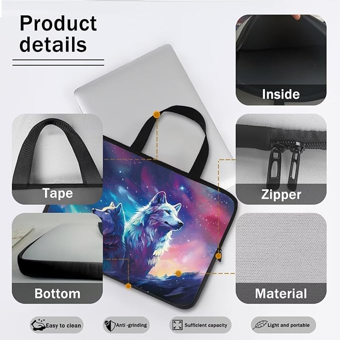 Galaxy Wolves Laptop Sleeve for Women, 17 Inch Laptop Sleeve with Handle Protective Travel Carrying Case for 10-17 Inch Computer, Notebook, Chromebook, Tablet Bag