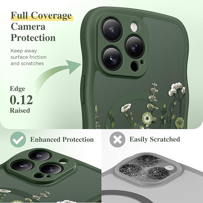 GVIEWIN for iPhone 15 Pro Case Compatible with MagSafe [Curly Wave Edge][Full Camera Protection] Floral Translucent Shockproof Magnetic Women Phone Case for iPhone 15 Pro 6.1'',Floratopia/Forest Green