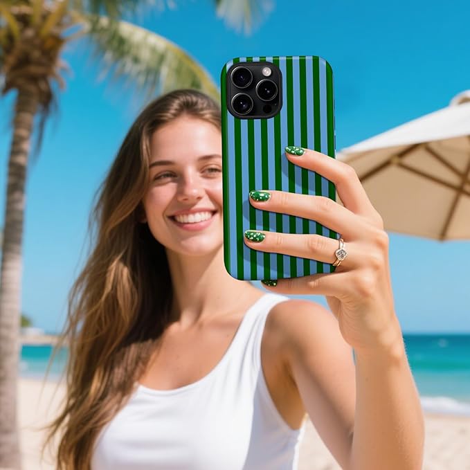 Magnetic for iPhone 15 Case Cute Stripes Phone Case, Shockproof Slim TPU and Hard PC Protective Phone Cover Compatible with MagSafe Designed for Women Girls, Green and Blue