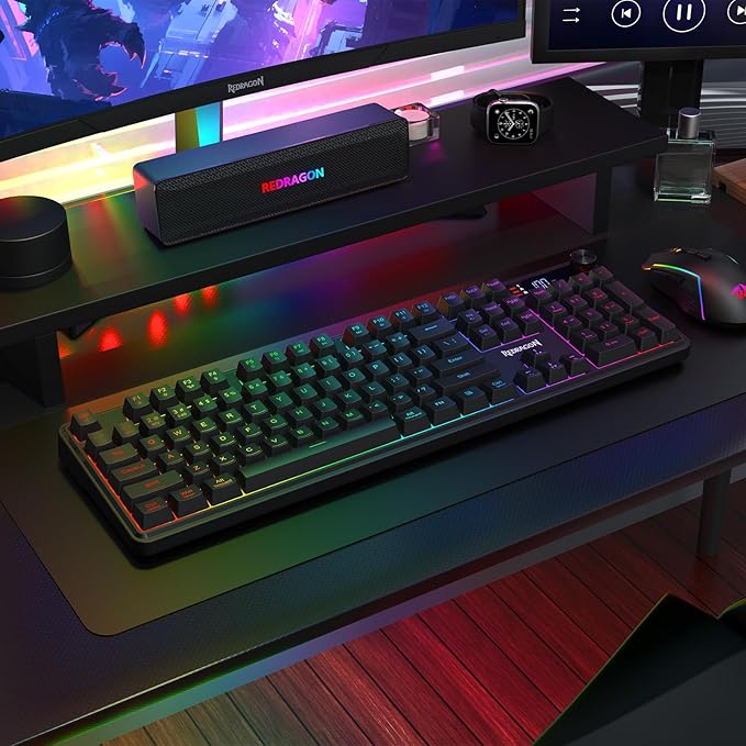 Redragon K526 PRO RGB Wireless Membrane Gaming Keyboard, 104 Keys Mechanical-Feel Keyboard w/LED Info Display, Media/Backlit Knob Control, Smooth Linear Switch & Software Supported