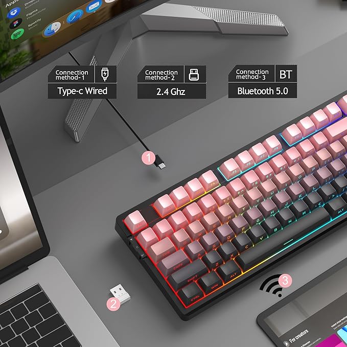 MageGee LIGHT87 Wireless Creamy Keyboard, Gasket Structure, RGB Backlit, 2.4G/USB-C/BT5.0 Hot Swappable Mechanical Gaming Keyboard for Win/Mac/PC, 8000mAh Battery, Side Printed PBT Keycaps, Pink