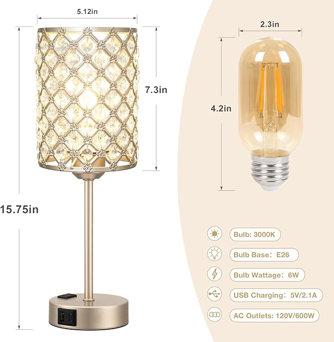 Hong-in Champagne Gold Lamps for Night Stands-Crystal Table Lamp with USB-C+A & AC Charging Ports, 3-Way Dimmable Nightstand Touch Lamp, Bedside Desk lamp for Bedroom Living Room Home Office