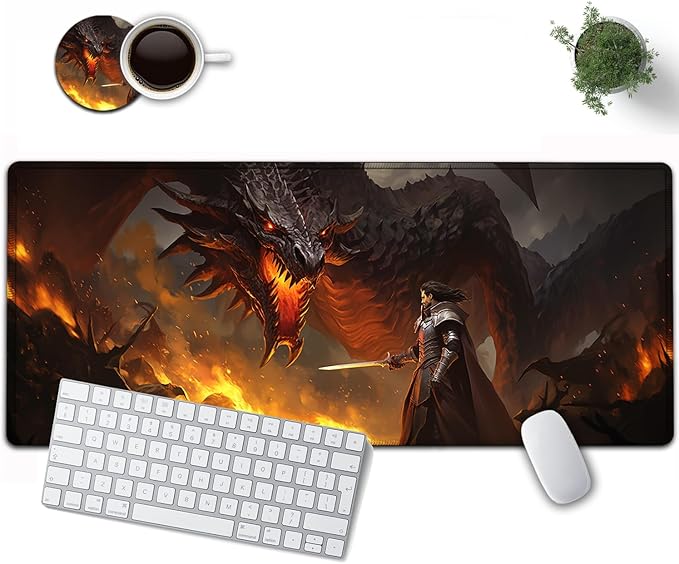 Large Mouse Pad, 31.5 x 11.8in Extended Gaming Mouse Pad with Stitched Edges, XXL Mousepad Protector Non Slip Rubber Base for Office & Home Writing Mat, Games Dragon vs Samurai Pattern Black Desk Mat