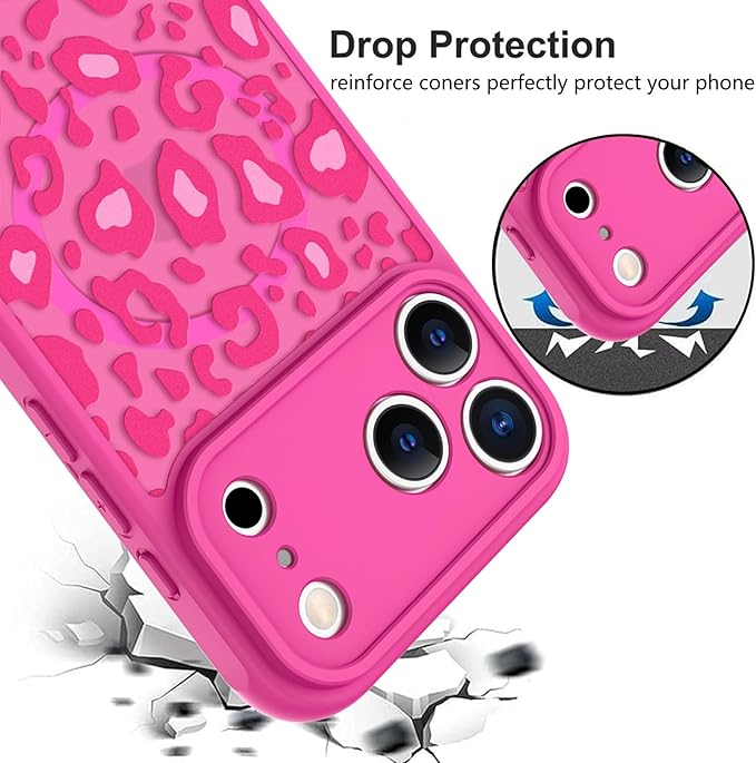 KANGHAR Case Compatible with iPhone 17 Pro Max Hot Pink Leopard Printed Pattern [Compatible with Magsafe] Cute Cheetah Protective Magnetic Case for Girls Women 6.9"