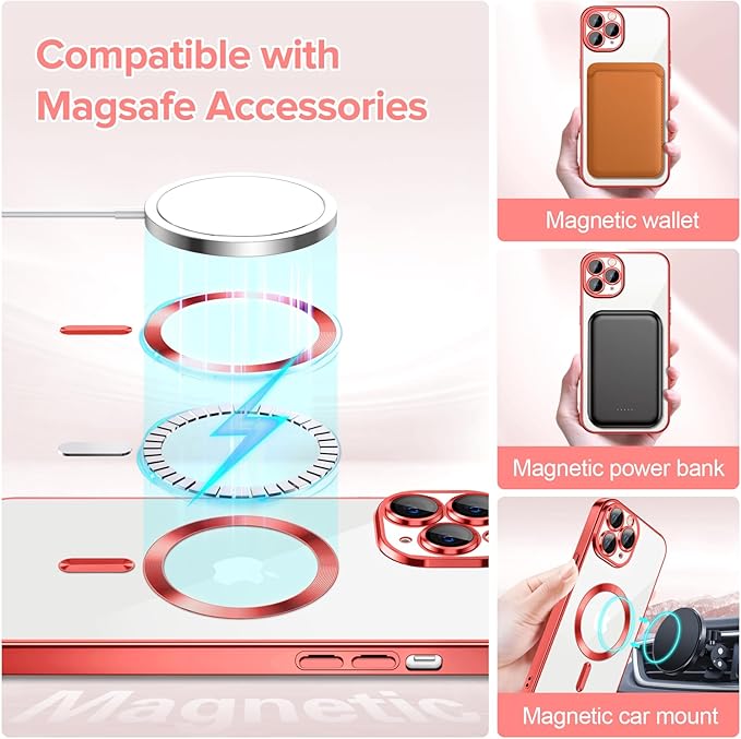 Hython Magnetic Clear for iPhone 11 Pro Max Case with Camera Lens Protector [Compatible with MagSafe] Plating Edge Slim Soft TPU Cover Protective Phone Case for iPhone 11 Pro Max 6.5", Red