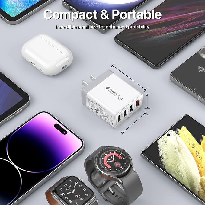 USB Charger, 4 Port USBA Wall Charging Block, Fast Charge QC 3.0 Plug Adapter Compatible with iPhone 12/13/14/15/XS/XS Max/XR/X, LG, Google Pixel and More
