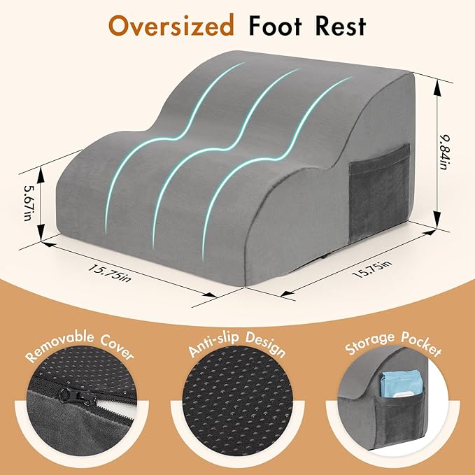 Echaprey Foot Rest for Under Desk at Work,Adjustable Under Desk Footrest Multifunctional 3-Tier Foot Stool with Non-Slip Base and Washable Cover Ergonomic Foot Stool for Office,Home,Car,Travel (Grey)
