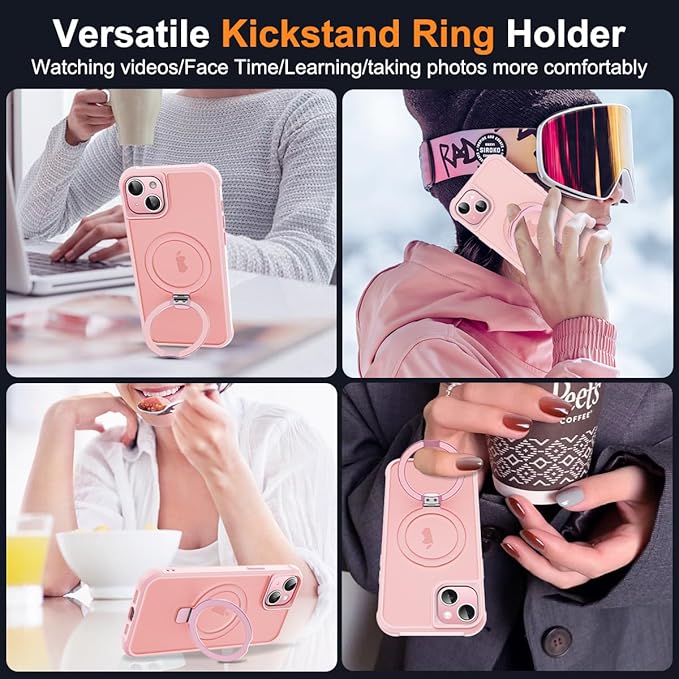 SKYLMW Compatible with iPhone 14 Plus Case with Invisible Magnetic O-Ring Stand Military-Grade Translucent Case for iPhone 14 Plus 6.7" [Compatible with Mag-Safe][Great Grip Feeling], Pink