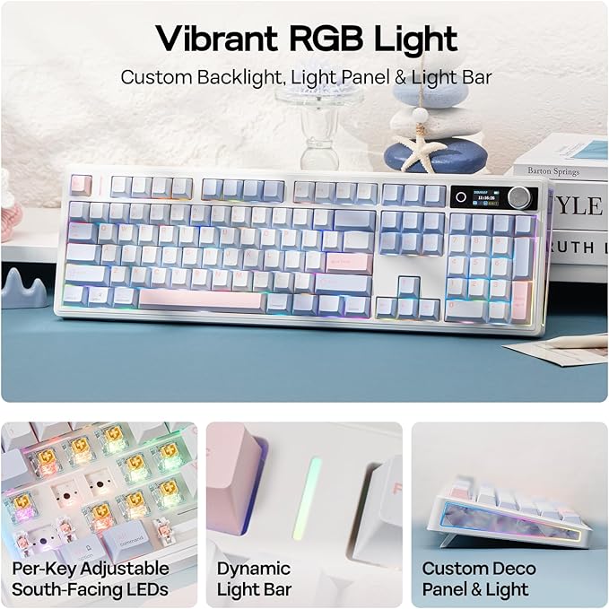EPOMAKER TH108 V2 PRO Full Size Mechanical Keyboard with Screen&Knob, 10000mAh, BT/2.4Ghz, Mac Modifier PBT Keycap, Hot Swap, RGB, Gasket, Wireless Gaming Keyboard for Mac/PC (Blue, Creamy Jade)