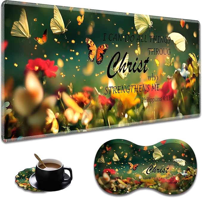 Extended Non-Slip Mouse Pad + Mouse Wrist Rest + Lace-Shaped Coaster Set, Ergonomic Design, Suitable for Desk and Home Gaming Table Mat, Butterflies and Philippians 4-13