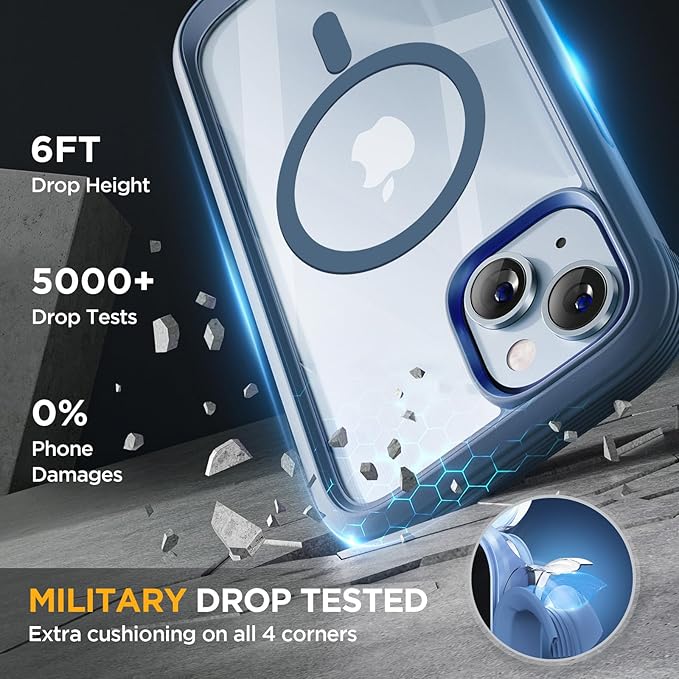 Miracase Glass Series Designed for iPhone 14 Plus Case 6.7 inch, 2023 Upgrade Full-Body Magnetic Clear Case with Built-in 9H Tempered Glass Screen Protector,Compatible with MagSafe,Blue