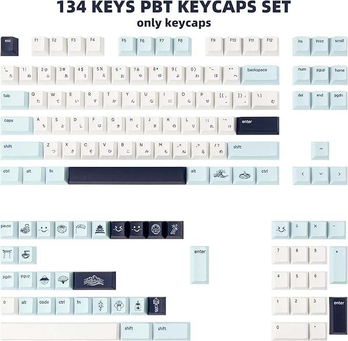 134 Keys PBT Keycaps - Dye-Sublimation Japanese Kanagawa Theme Keycaps, Cherry Profile Blue and White Cute Keycap Set Compatible with Cherry Gateron Mechanical Gaming Keyboards
