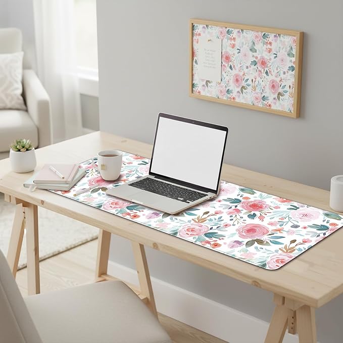 XXL Gaming Mouse Pad (47.2 x 23.6 Inch), Giant Floral Desk Blotter for Full Coverage, Watercolor Rose Garden Pattern, Anti-Slip Table Cover, Premium Soft Laptop Protector