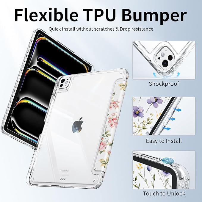 Case for iPad Air 13 Inch 2026/2025/2024 (M4/M3/M2), iPad Pro 12.9" 6th/5th/4th/3rd Generation Case with Pencil Holder, Trifold Sturdy Stand Protective Clear Back Cover, Pink Rose