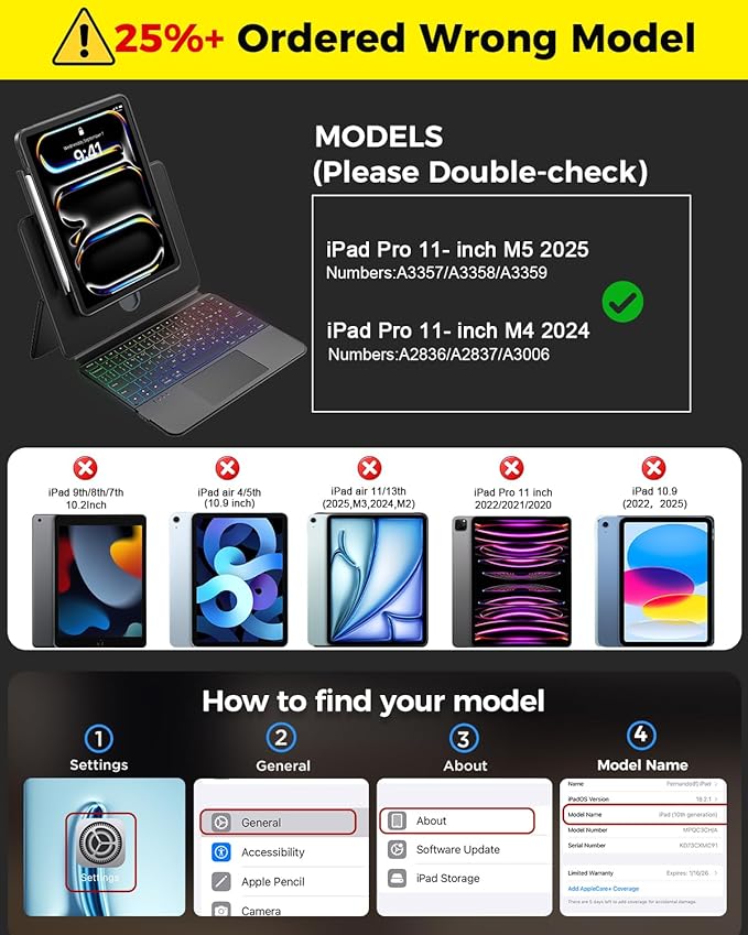 Clear Magnetic Keyboard Case for iPad Pro 11 Inch (M5/M4) 2025/2024, 7-Color Backlit & Multi-Touch Trackpad, Detachable 360 Rotation & Up-Down Lift Protective Case w/Stand, Black