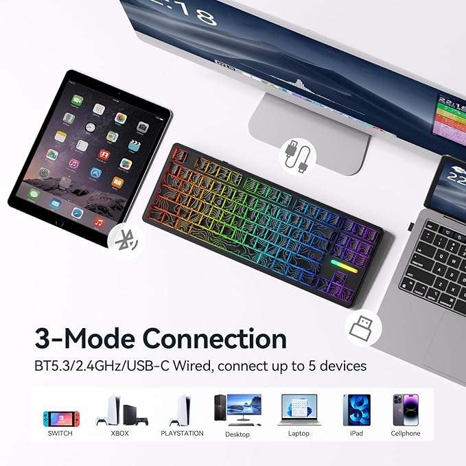 AUSDOM Wireless Mechanical Gaming Keyboard: 10000mAh Battery Tri-Mode 2.4G/BT5.3/USB-C Hot Swappable Custom Keyboard with RGB Backlit, Side Printed PBT Keycaps, 15-Layer Gasket Structure, Topographic